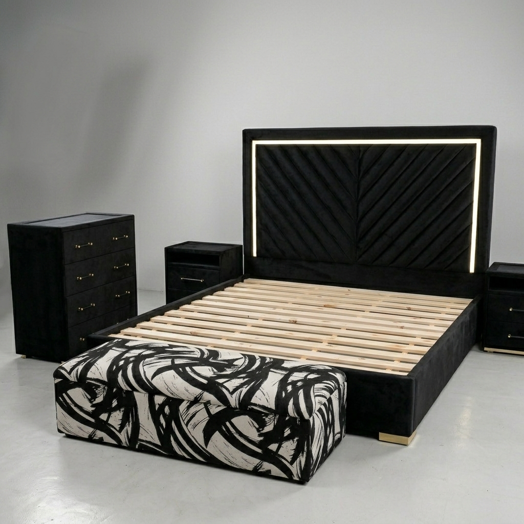 Black Velvet Bed Set with LED Headboard – Modern Design