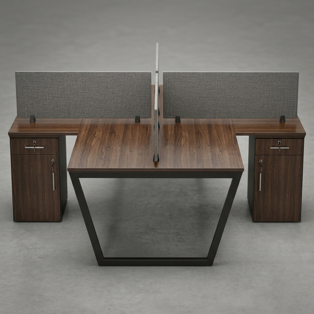 A modern 3-person office desk set with a dark wood grain finish, black metal frame, and gray fabric dividers, shown on a gray concrete floor.