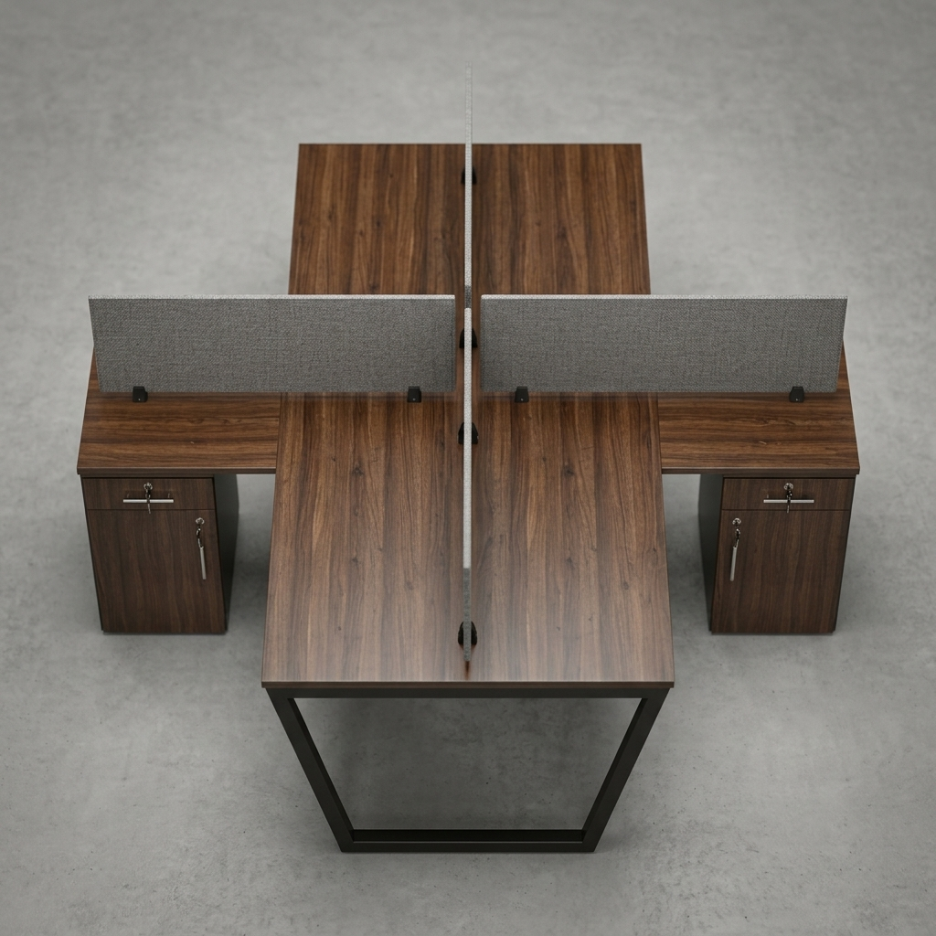 A modern four-person office desk set with dark brown wood grain tops, gray fabric dividers, and matching side cabinets, shown from a top-down perspective on a gray concrete floor.