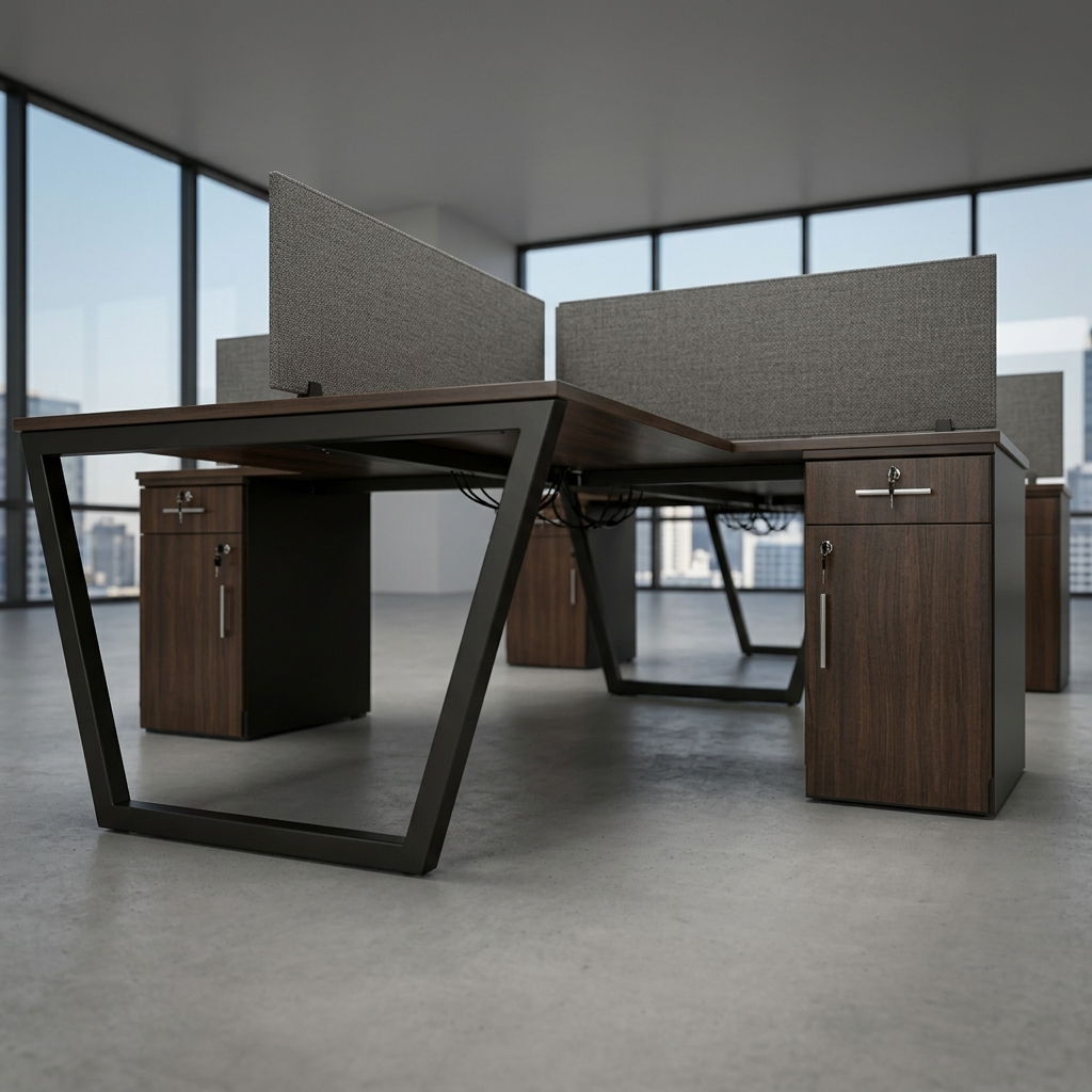 Modern office desk setup with dark wood grain desktops, black metal frame legs, and gray fabric dividers in a bright, minimalist office space with large windows.