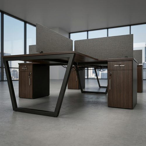 Modern office desk setup with dark wood grain desktops, black metal frame legs, and gray fabric dividers in a bright, minimalist office space with large windows.