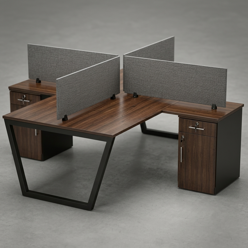 An L-shaped office desk set with a dark wood grain desktop, black metal frame, and gray fabric dividers, shown on a neutral gray studio background.