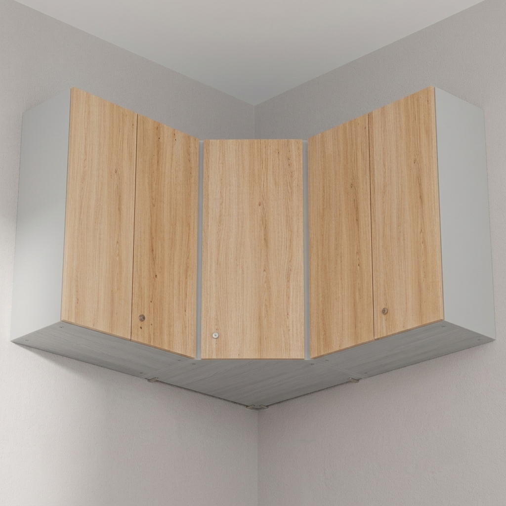 Three-panel corner wall cabinets with light natural wood grain doors and white side panels, mounted on a gray wall in a room corner.
