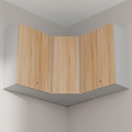Three-panel corner wall cabinets with light natural wood grain doors and white side panels, mounted on a gray wall in a room corner.