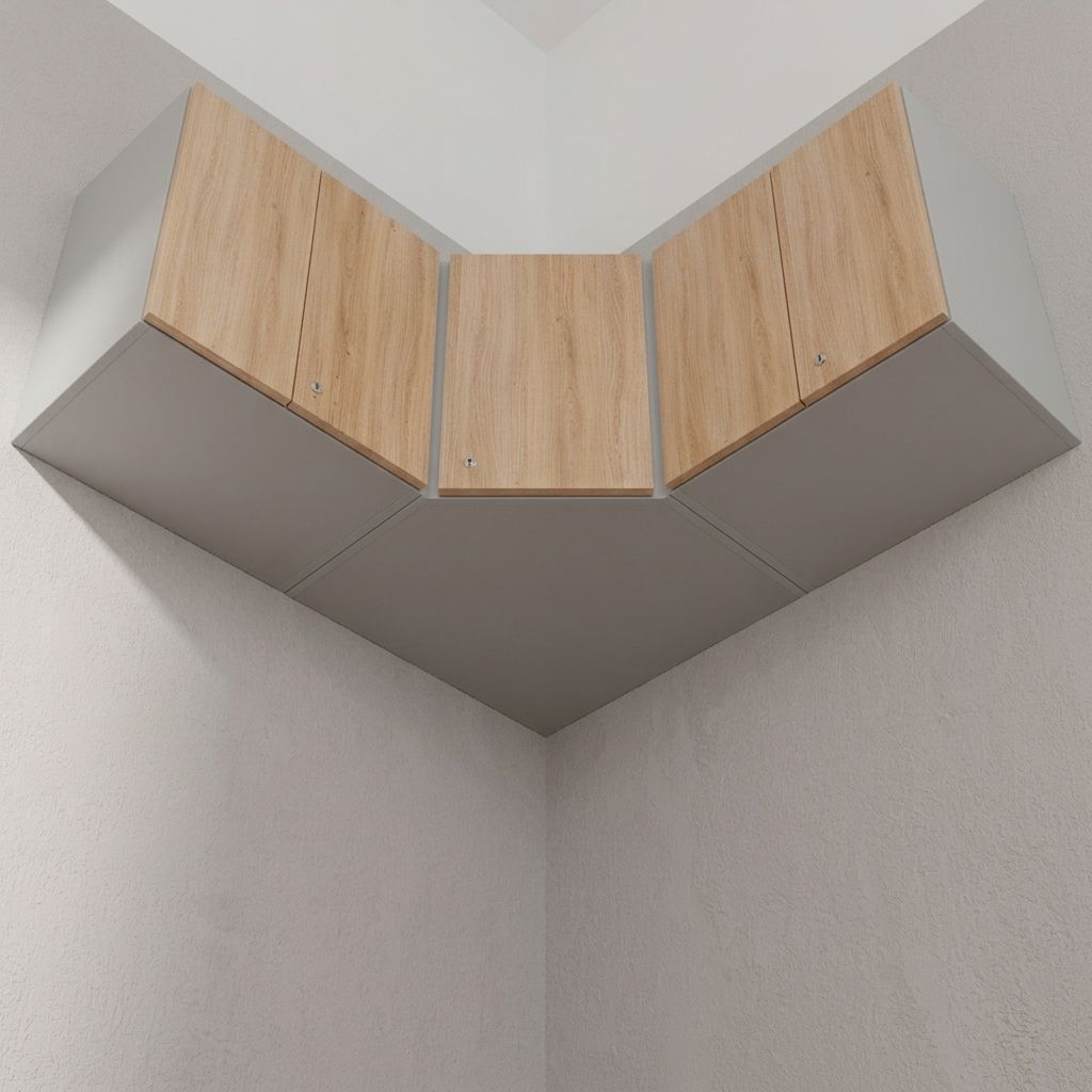 A set of modern wall-mounted corner cabinets with light oak wood grain doors and dark gray frames, installed in a white textured room corner.