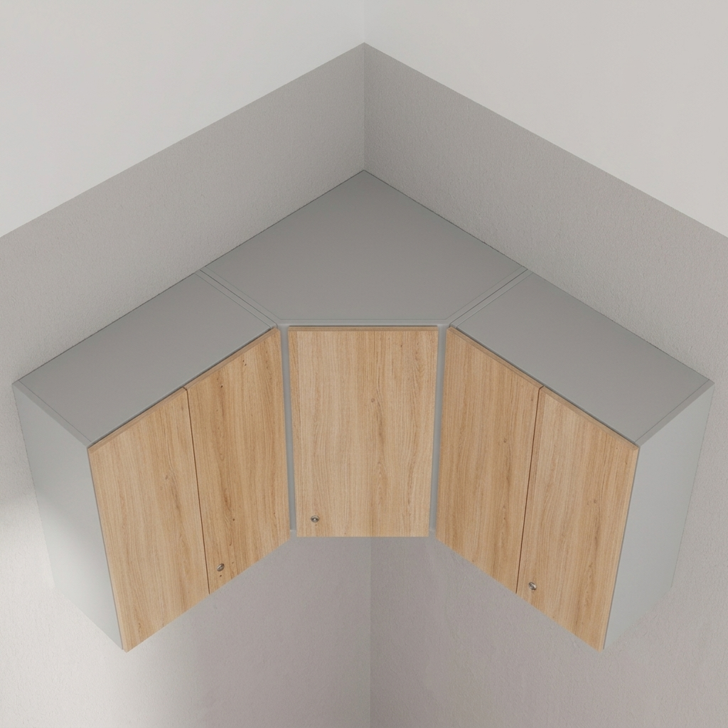 A corner L-shaped wall-mounted cabinet set with light natural wood grain doors and a solid gray top and side panels, shown installed in a white corner wall.