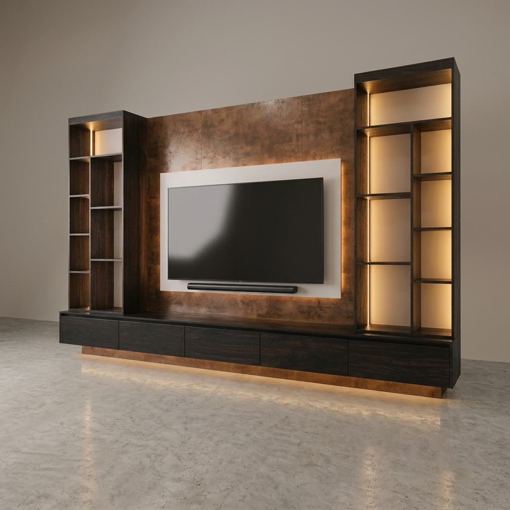 A modern dark wood entertainment wall unit with integrated shelving, backlit LED light panels, and a central TV mount, shown in a minimalist living room setting.