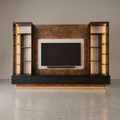 A modern dark wood media console and shelving unit set against a textured brown wall, featuring a central recessed area with a black television and warm LED lighting.