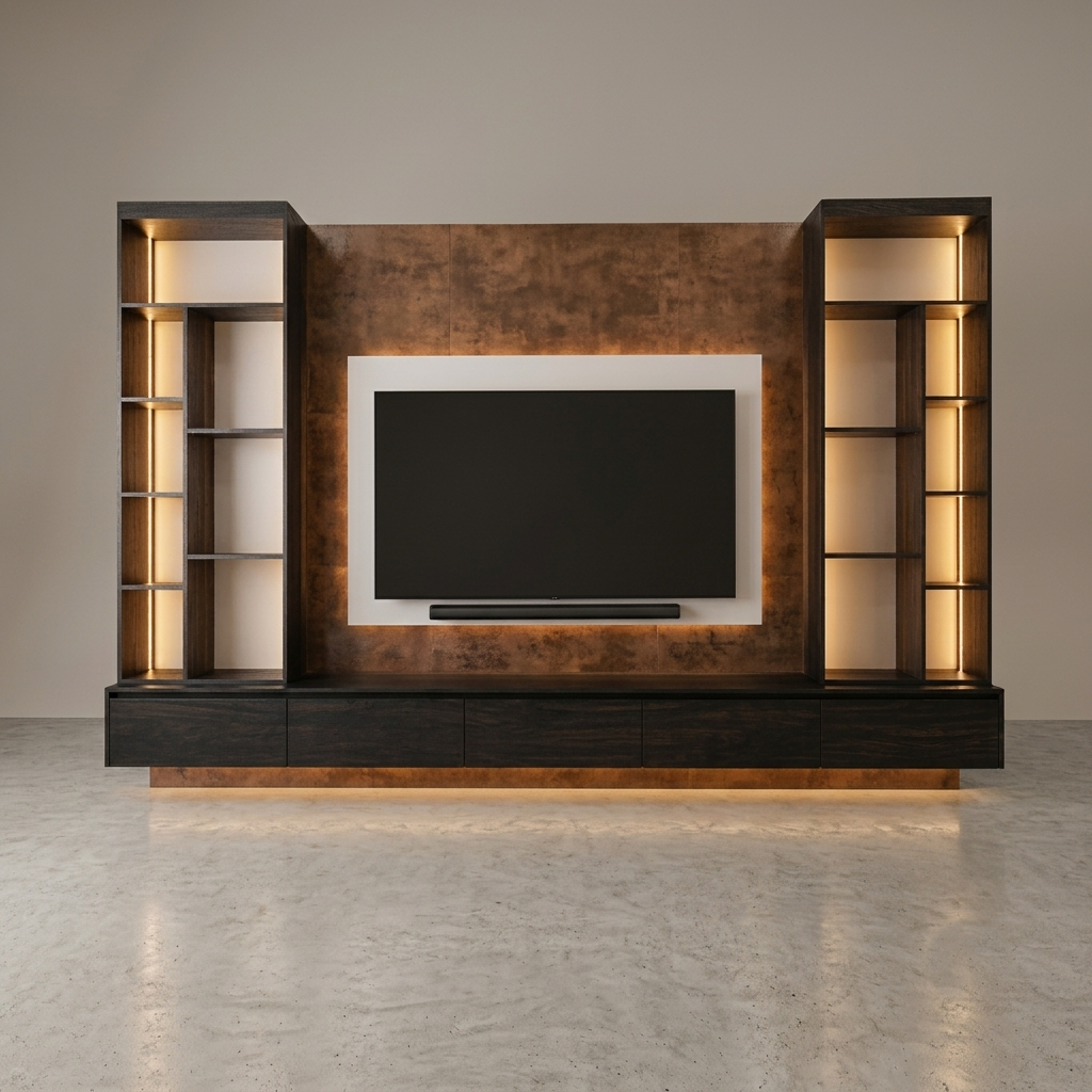A modern dark wood media console and shelving unit set against a textured brown wall, featuring a central recessed area with a black television and warm LED lighting.