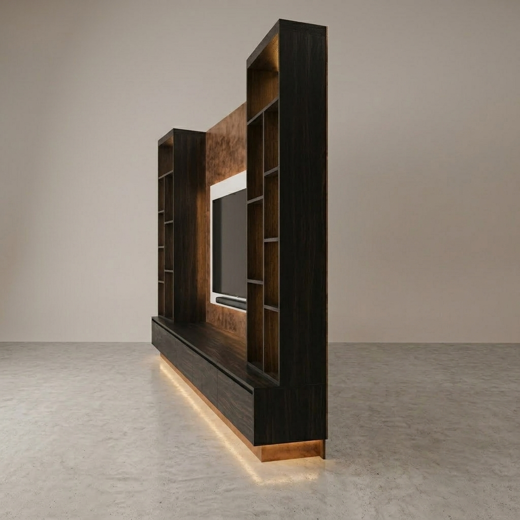 A modern dark wood media console and shelving unit with a built-in TV niche, warm ambient lighting under the base, and a textured wood back panel, shown in a minimalist studio setting.