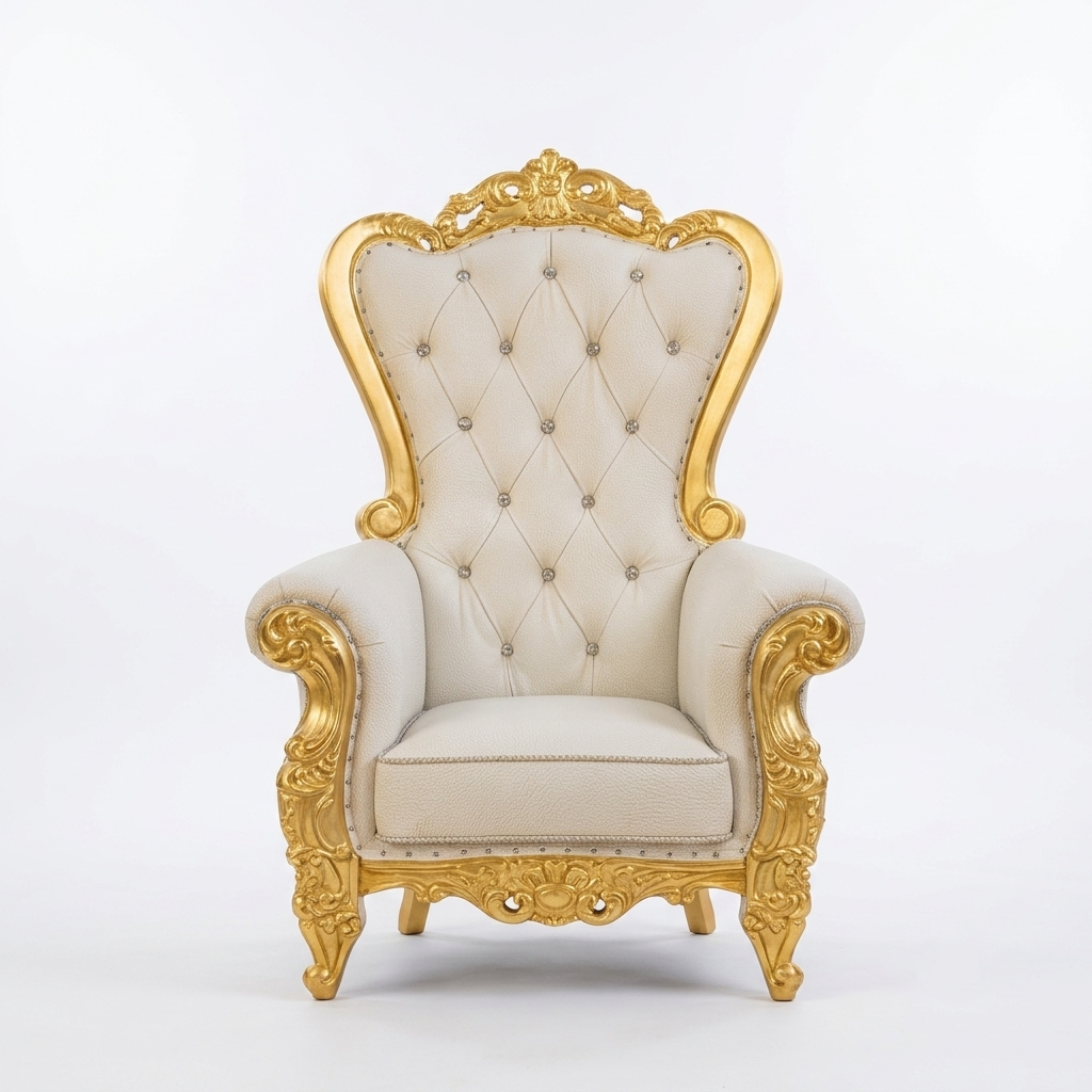 An ornate high-back wingback armchair with cream tufted upholstery and carved gold-gilded wooden arms, legs, and backrest, photographed against a seamless white studio background.