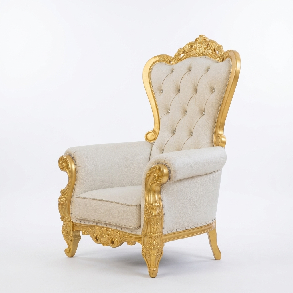 A luxury high-back wingback armchair with a tufted cream fabric upholstery and ornate gold-painted carved wood frame, shown on a white studio background.