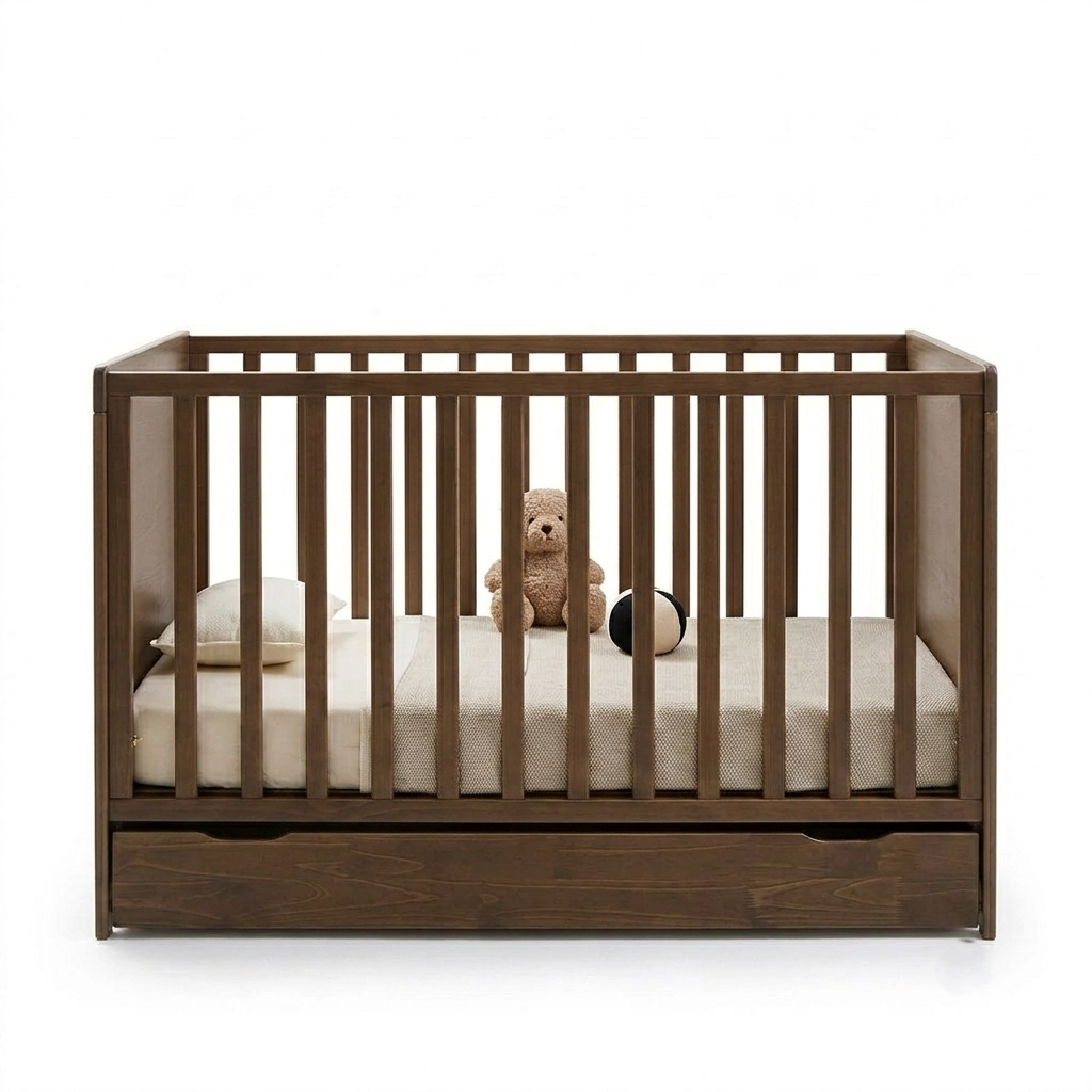 A dark brown wooden baby crib with vertical slats and a built-in storage drawer at the bottom, shown with a cream mattress, a white pillow, a teddy bear, and a small ball inside on a white background.