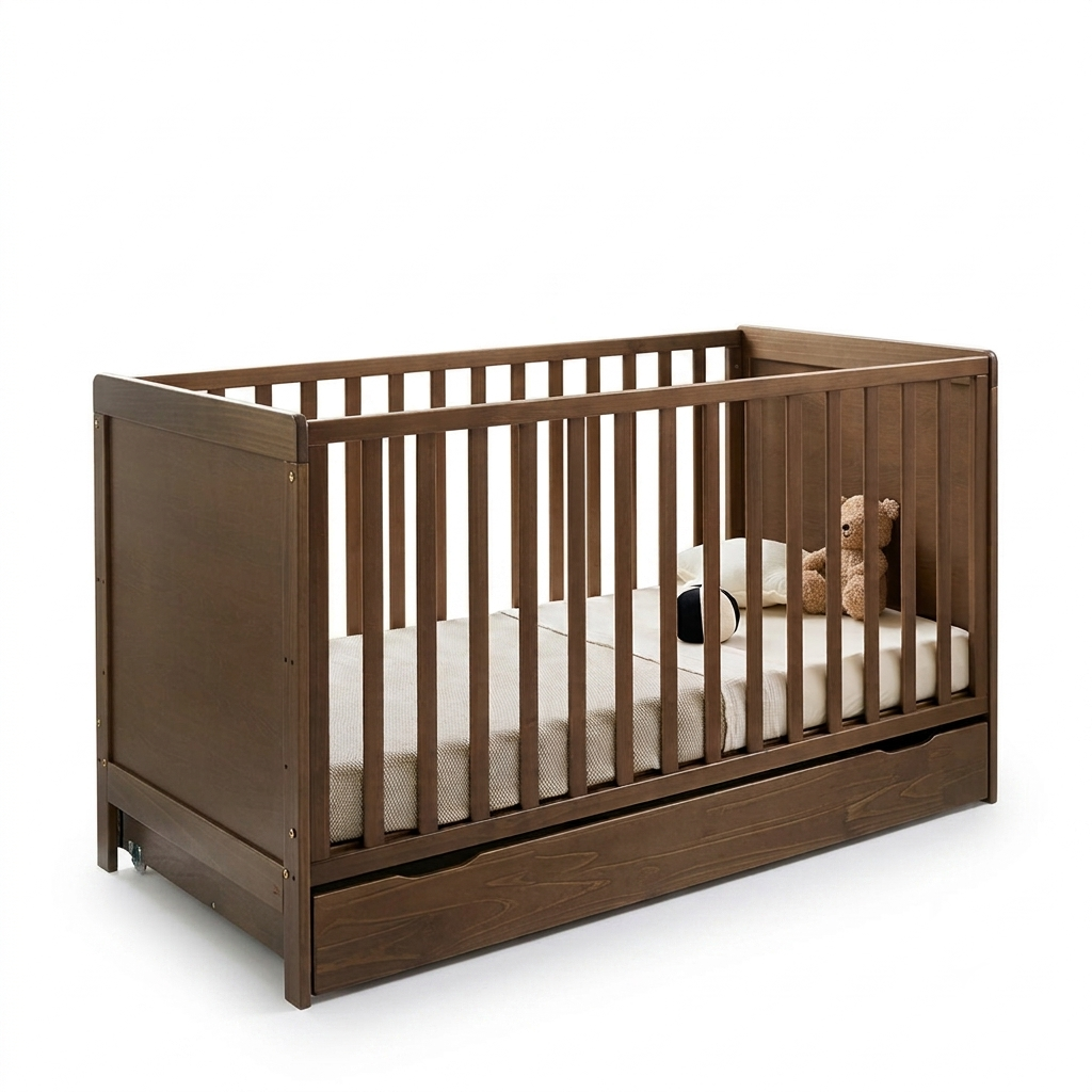 A dark brown wooden baby crib with a built-in storage drawer underneath, shown with a cream mattress and a small teddy bear inside, on a solid white background.