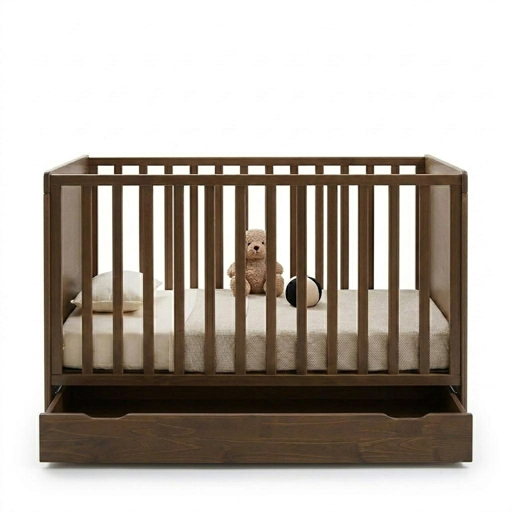 A dark brown wooden baby crib with vertical slats and a built-in storage drawer underneath, shown with a mattress, pillow, teddy bear, and small ball inside on a plain white background.