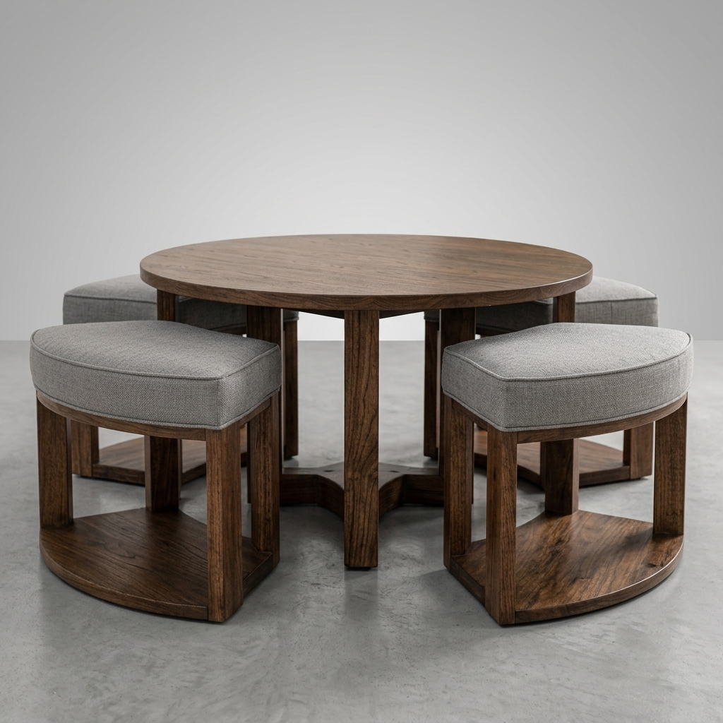 A round wooden dining table with four matching upholstered stools, photographed in a clean studio setting with a light gray background and gray floor.