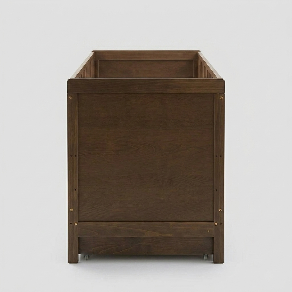 A dark brown wooden storage chest or cabinet with a slatted top and side rails, photographed against a clean light gray studio background.