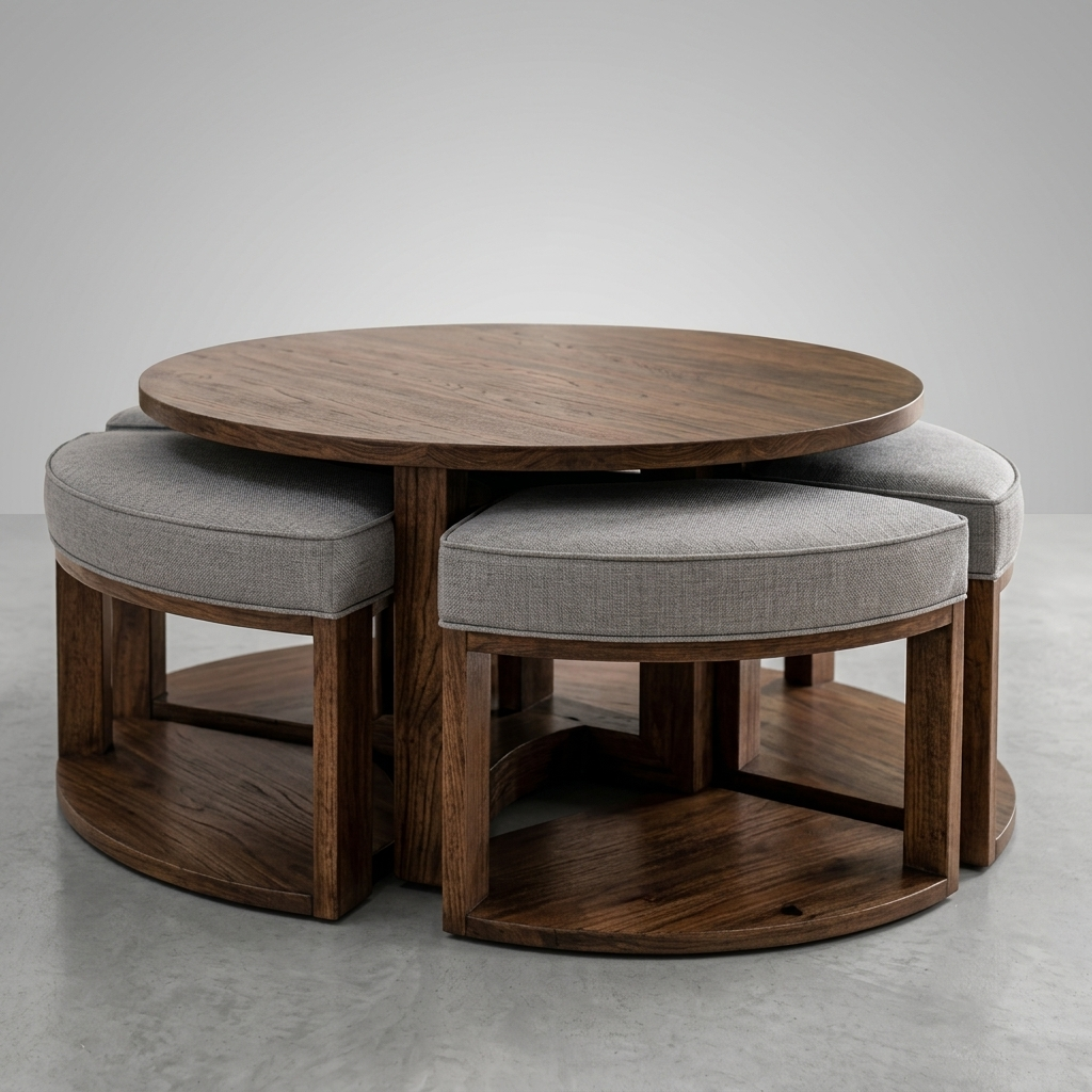 A round wooden dining table with three matching upholstered stools, photographed in a clean studio setting with a light gray background and floor.