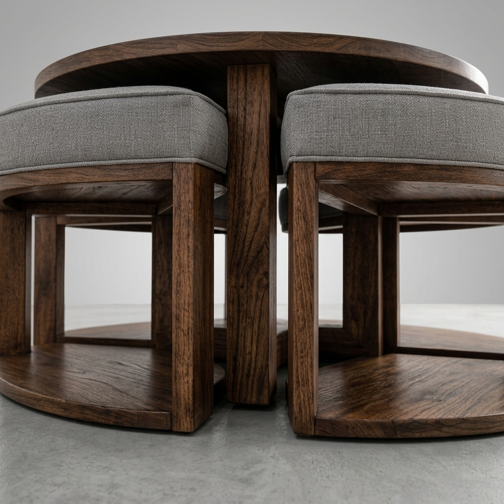 A close-up of a nesting set of round wooden tables and matching upholstered stools with dark wood frames and gray fabric seats.