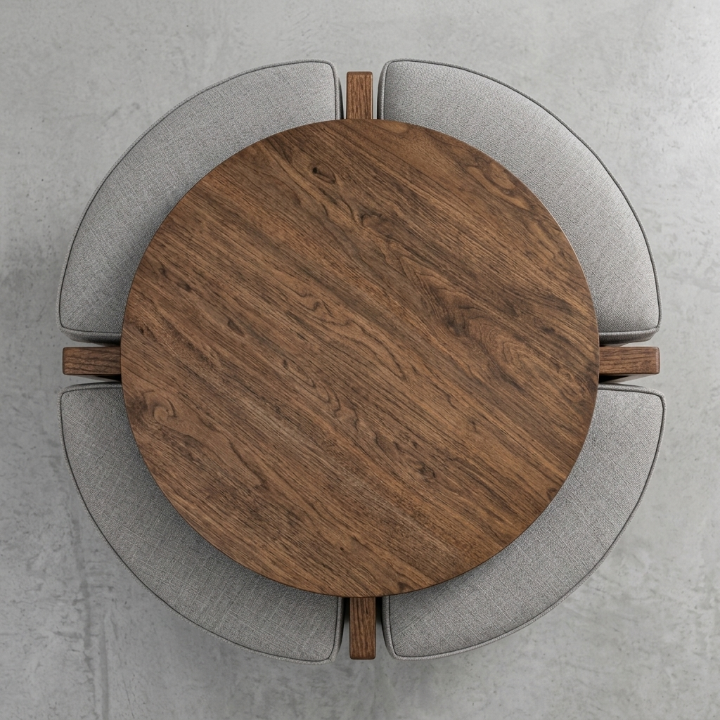 Overhead view of a round wooden dining table surrounded by four light gray upholstered chairs on a concrete floor.