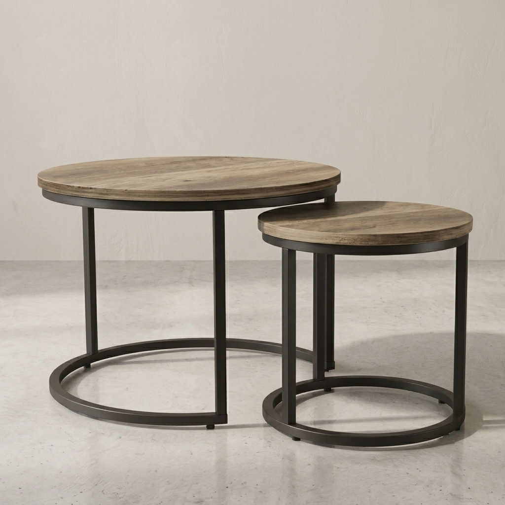 Two round nesting tables with light brown wood tops and dark metal circular bases, photographed in a clean studio setting.