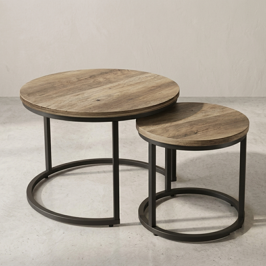 Two round nesting side tables with light brown wood grain tops and black metal circular bases, photographed in a clean studio setting.