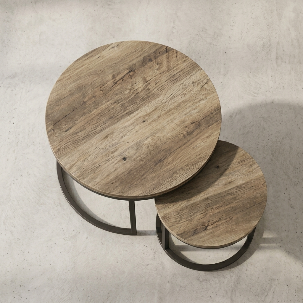 Two round nesting coffee tables with rustic light brown wood grain tops and dark metal curved bases, photographed on a textured light gray floor.