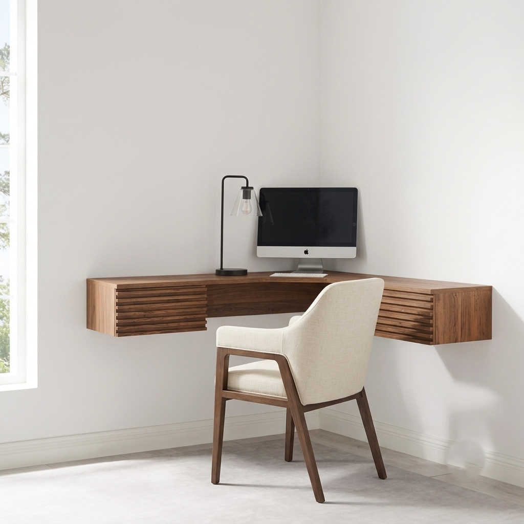 A modern L-shaped floating desk in walnut wood mounted on a white wall in a bright home office, styled with a cream upholstered wooden chair, a black desk lamp, and an iMac.