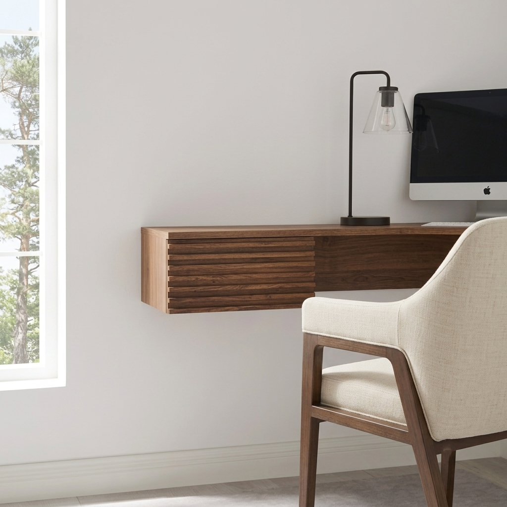 A modern wall-mounted wooden desk in a minimalist home office setting, styled with a black table lamp, a computer monitor, and a cream upholstered wooden armchair.