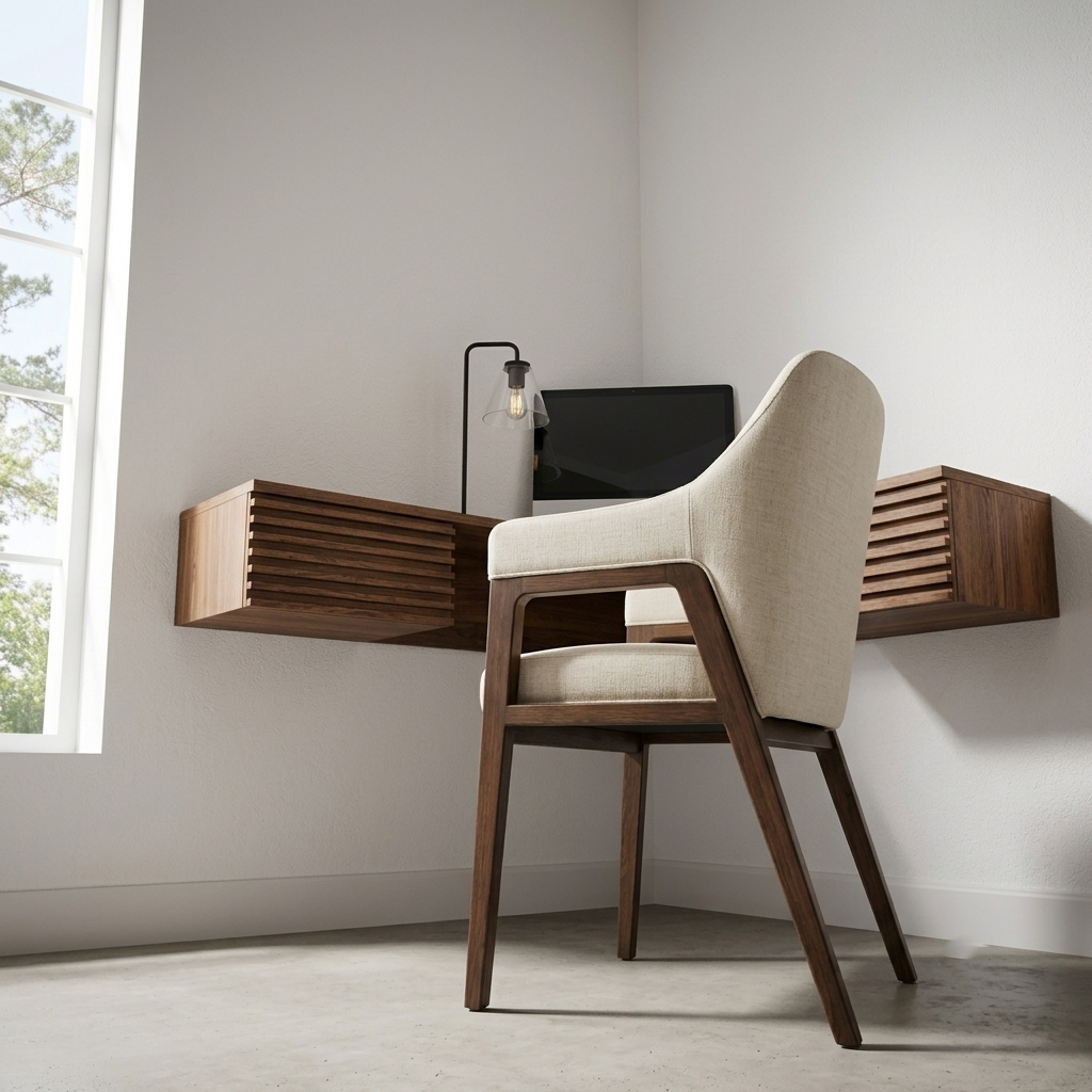 A modern upholstered accent chair with a dark wood frame and light beige fabric, positioned in front of a floating wooden desk mounted on a white wall in a minimalist room.
