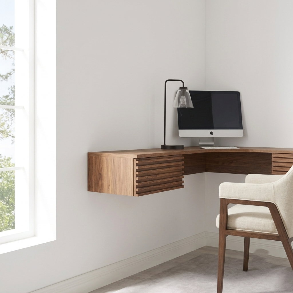 A modern L-shaped floating desk in a warm walnut wood finish, mounted on a white wall in a bright home office. The desk is styled with a black desk lamp, an Apple iMac, and a cream upholstered wooden armchair.