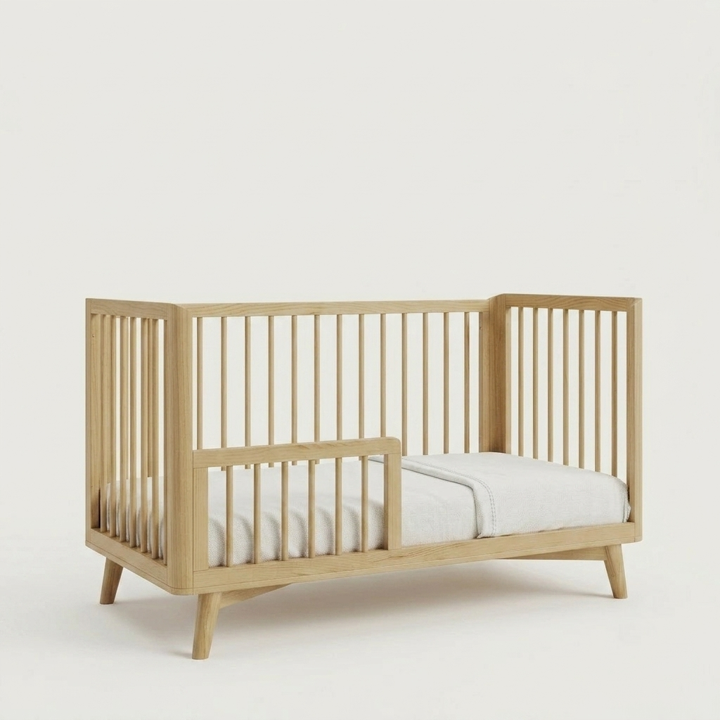 A light natural wood baby crib with vertical slats and short angled legs, shown with a white mattress and fitted sheet against a plain off-white studio background.