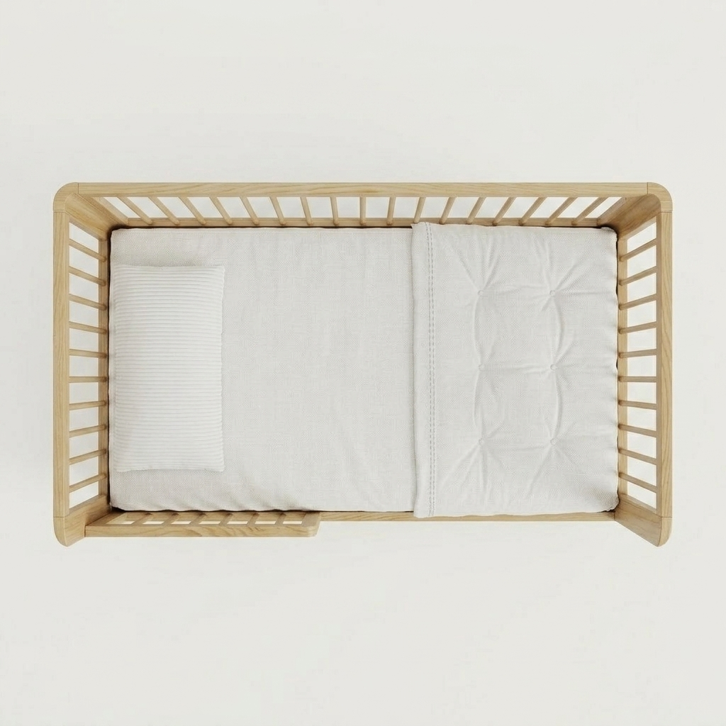 Top-down view of a light natural wood crib with white bedding, including a pillow and a quilted mattress cover, set against a solid white background.