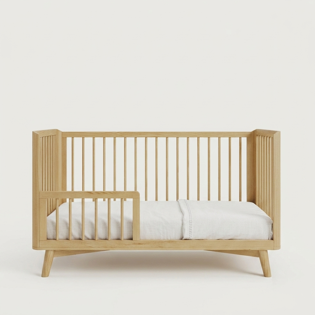 A light natural wood baby crib with vertical slats and angled legs, shown with a white mattress on a clean, solid off-white background.