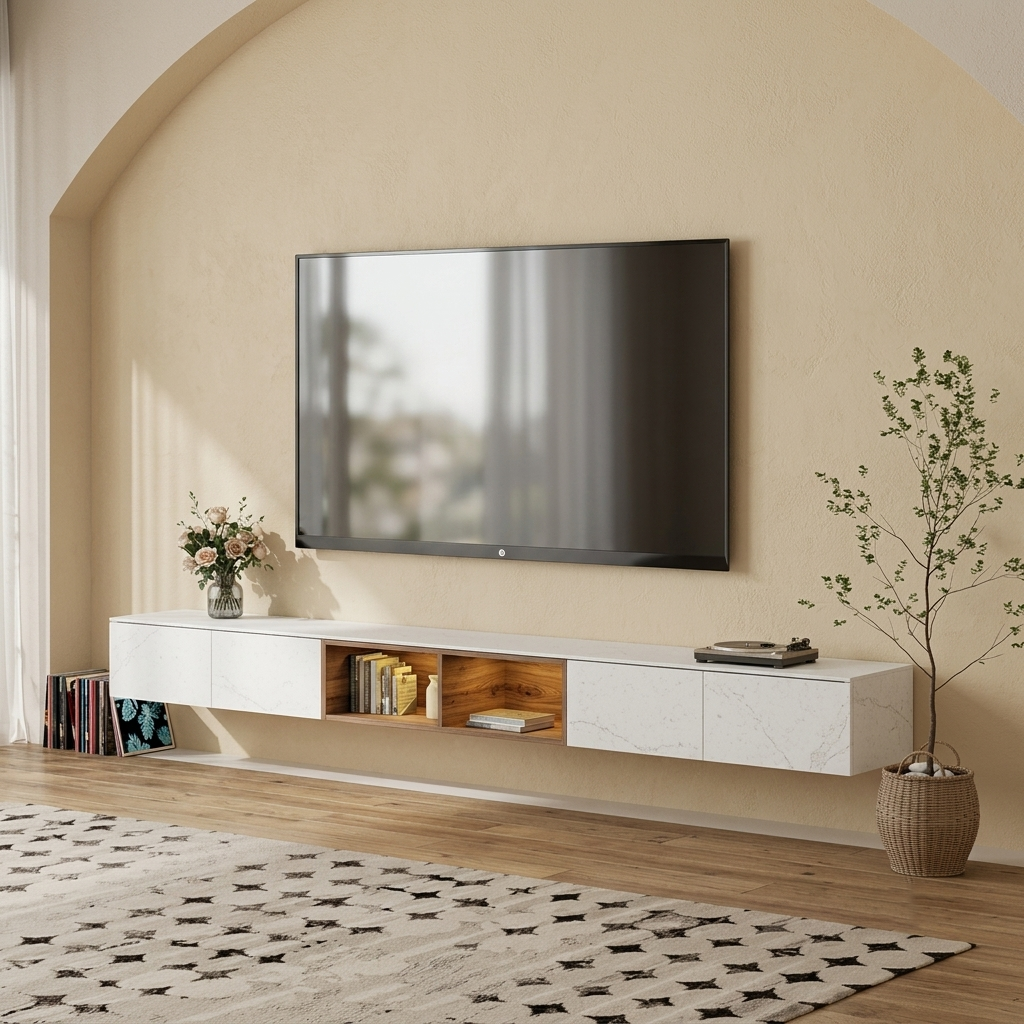 A modern floating media console in white and light wood, mounted on a beige arched wall beneath a large flat-screen TV. The console has two white marble-look side cabinets and an open center shelf with wood backing.