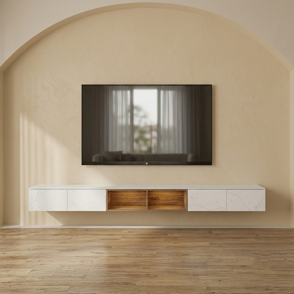 A modern floating TV stand with white marble-look side panels, a white top surface, and two open wooden center compartments, mounted against a beige wall with an arched molding above a TV. The scene is set in a real interior with wood flooring, so this is Lifestyle rather than Product/Packaging.
