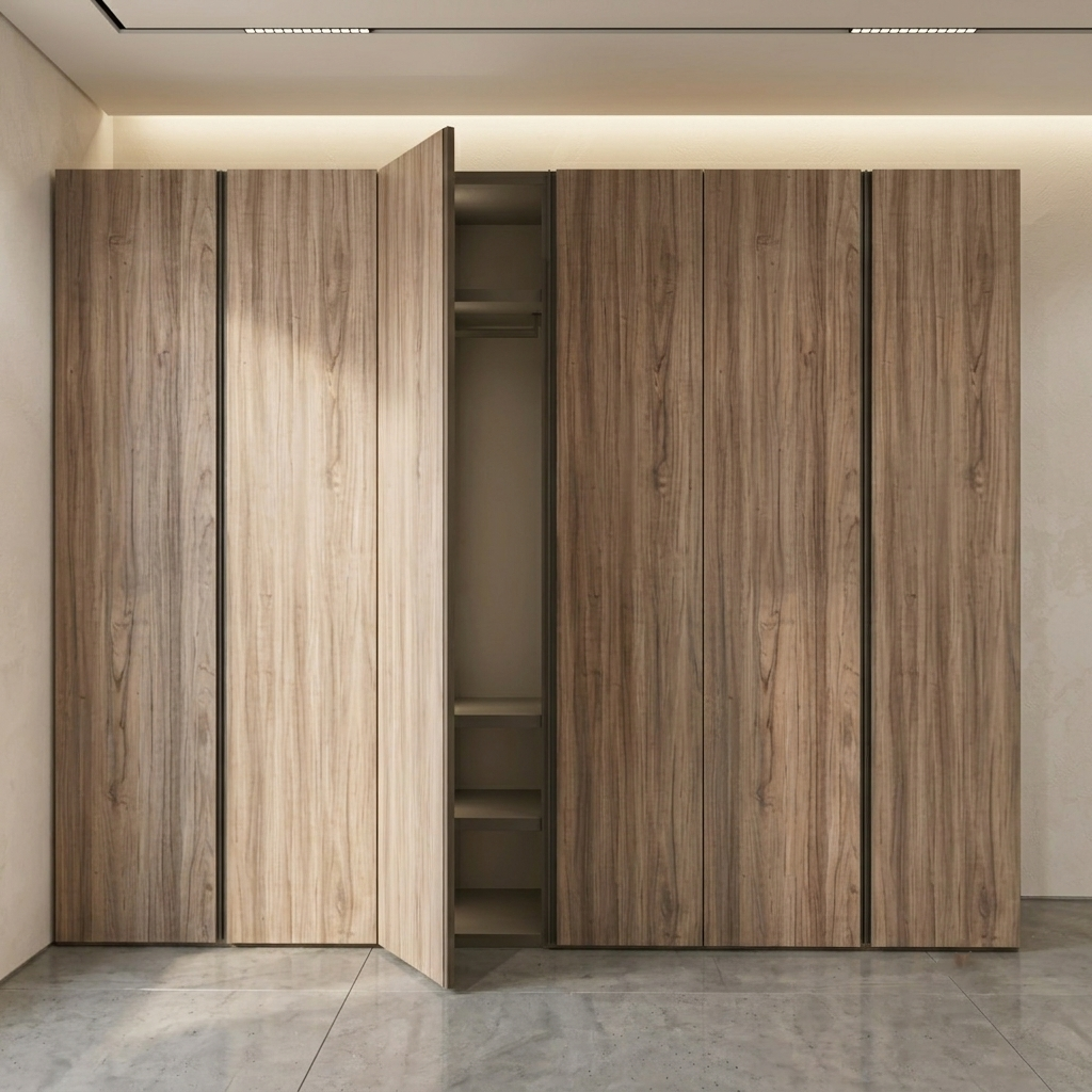 A modern built-in wardrobe or closet with six wood-look doors, with one door open to reveal shelves and a hanging rod inside. The wardrobe is set into a light beige wall with a polished gray stone floor.