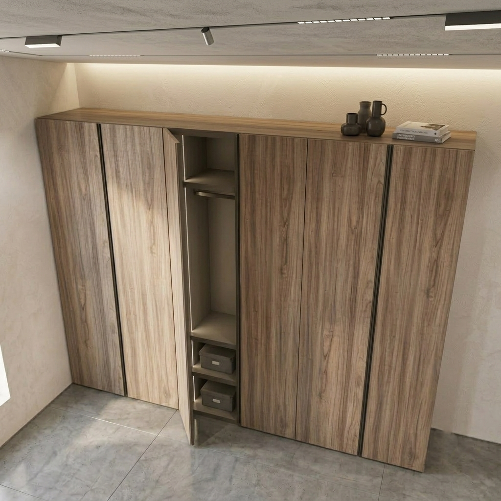 A tall wooden wardrobe or closet with a woodgrain finish, shown in a staged interior. The center door is open, revealing shelves and two small storage drawers.