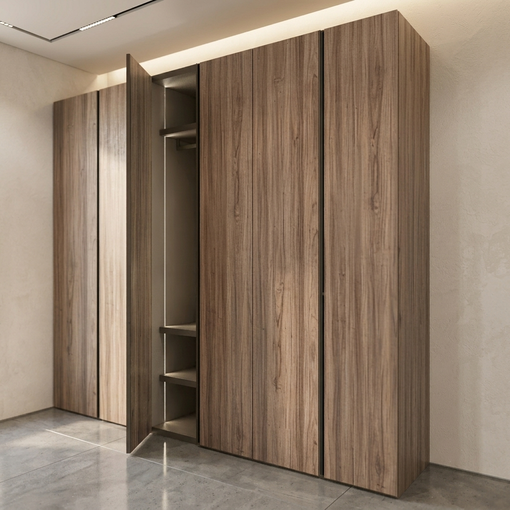 A modern built-in wardrobe or closet with wood-look doors in a warm medium brown tone, shown in a minimalist interior with light beige walls and gray floor.