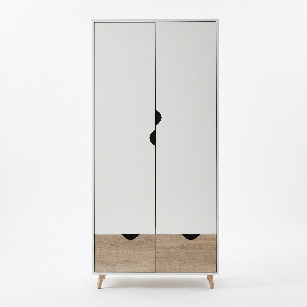 A modern two-door wardrobe with white doors, black circular pull handles, a light oak wood base with two drawers, and light wood legs, shown on a white background.