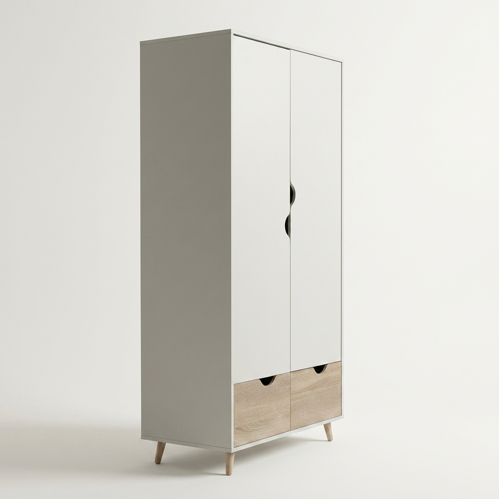 A modern two-door wardrobe or tall cabinet with a matte gray side panel, white front doors with black wavy handles, and two light wood drawers at the bottom on tapered wooden legs, shown against a plain off-white studio background.