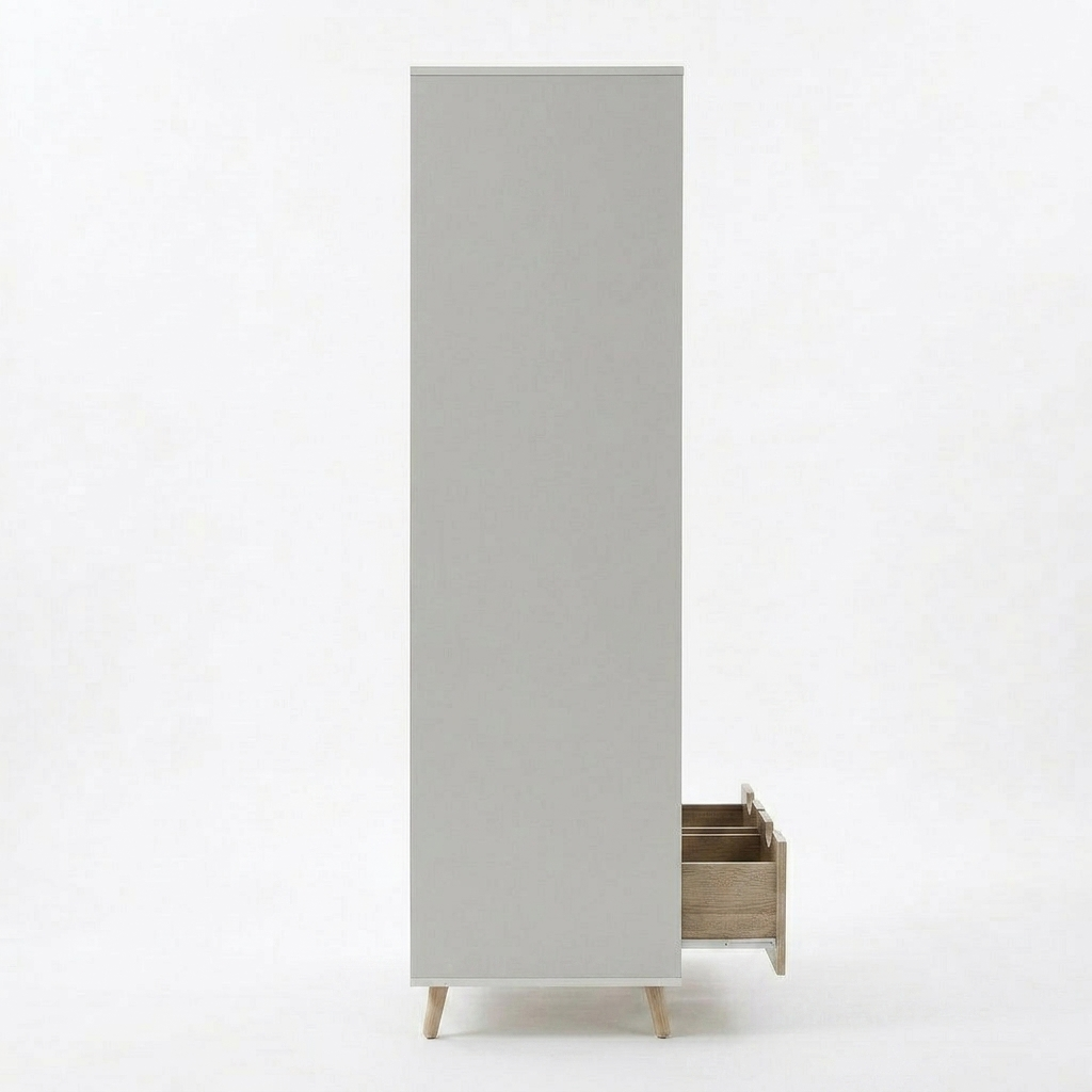 A tall, minimalist gray cabinet with a single light wood drawer partially pulled out, shown against a clean white background.