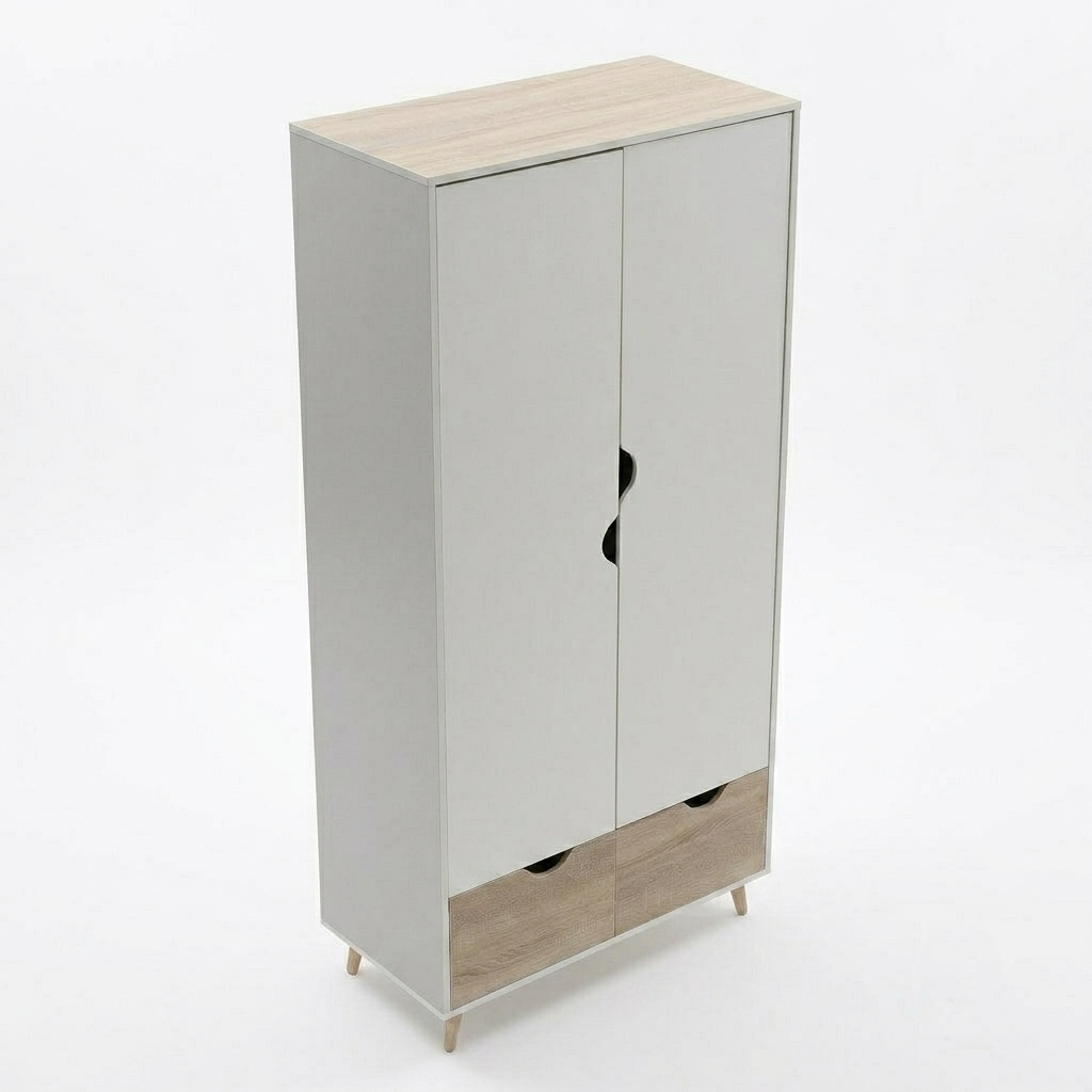 A modern two-door cabinet with a light gray finish, a light wood top, and matching wood drawer fronts on a white background.