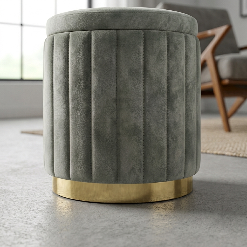 A round velvet ottoman stool in a muted gray-green tone with vertical channel tufting and a brushed gold metal base, shown in a modern living room setting.