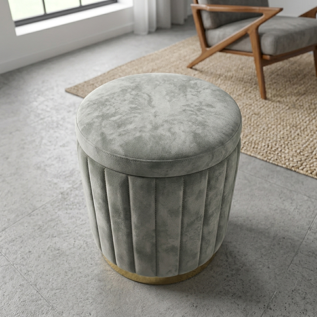 A round velvet ottoman stool with a light gray-green marbled pattern, featuring vertical channel pleats and a gold metal base, set in a modern living room.