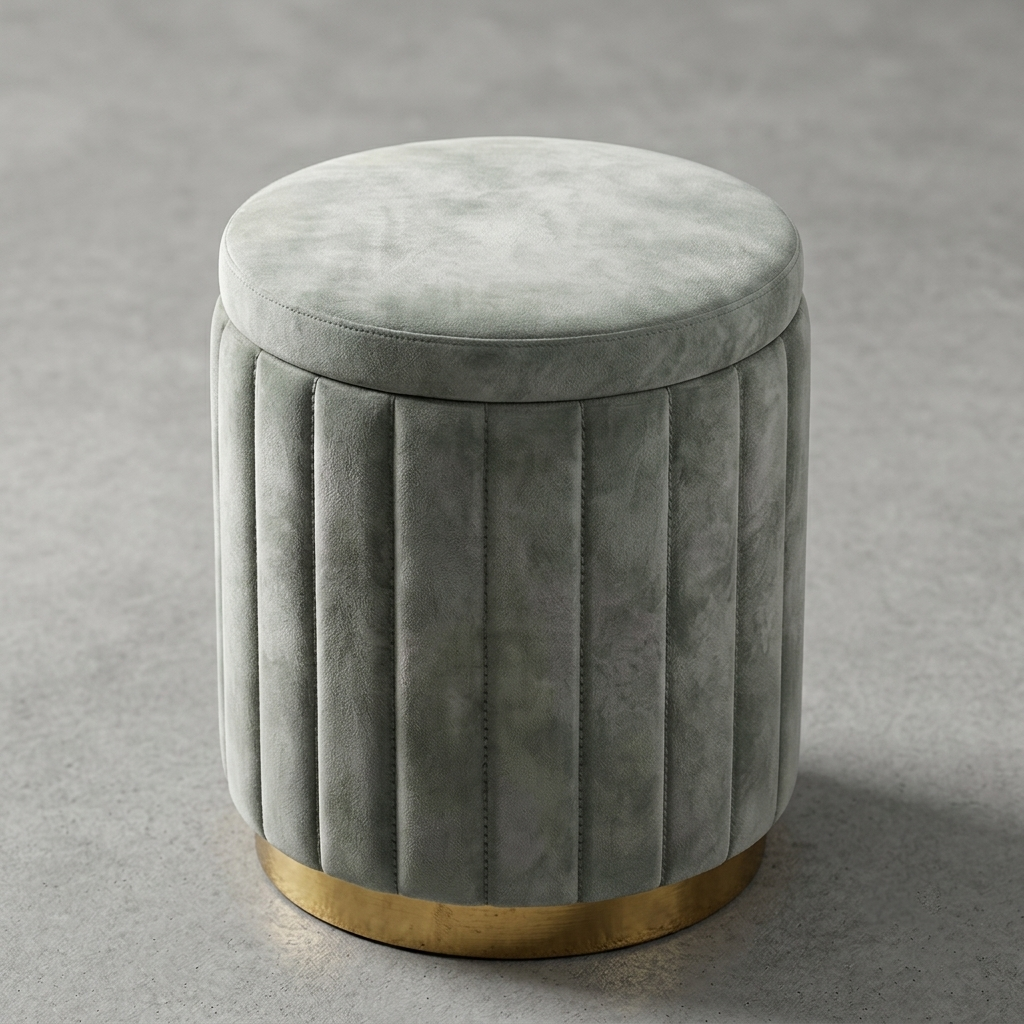 A round velvet ottoman stool in a muted sage green with a fluted cylindrical body and a polished gold metal base, set against a neutral gray background.