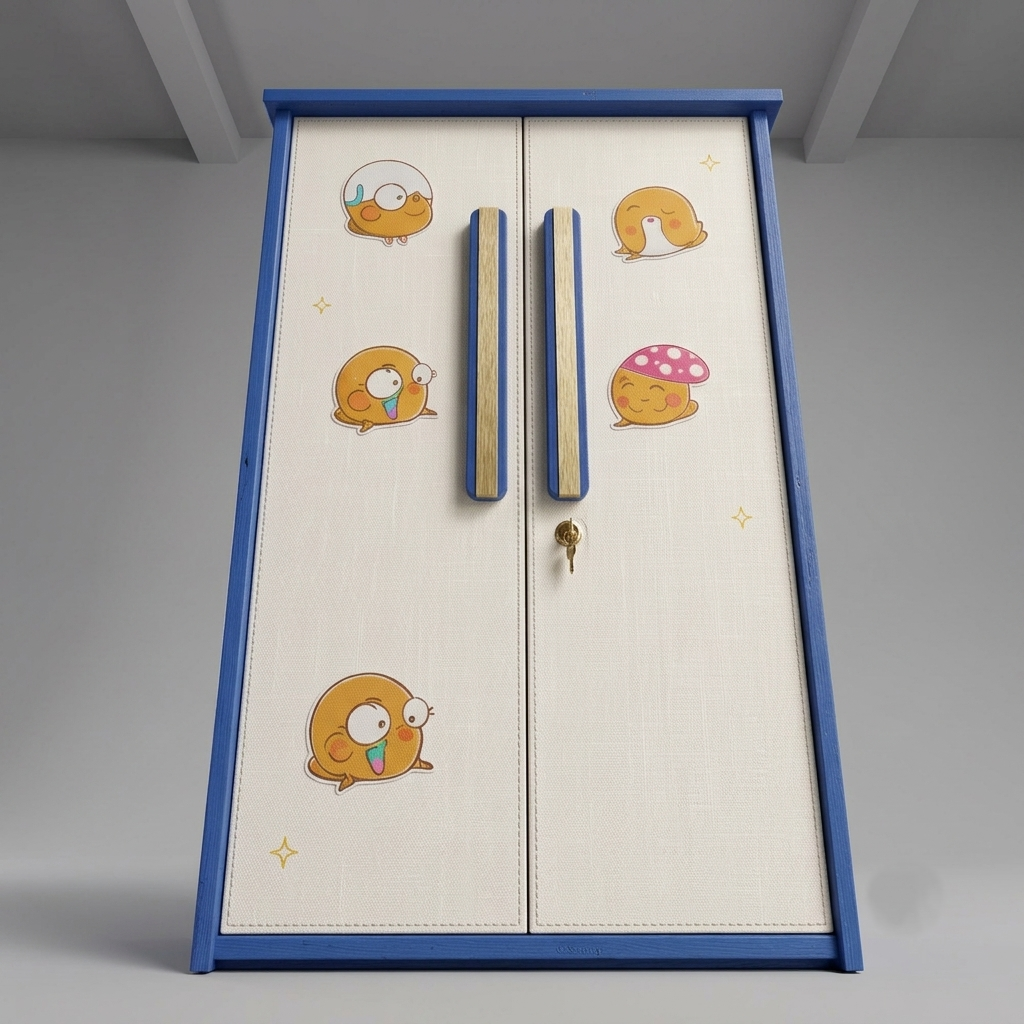 A tall cabinet or door panel with two cream-colored panels framed in bright blue, decorated with cute cartoon bird stickers and a small gold keyhole detail, shown against a neutral gray background.
