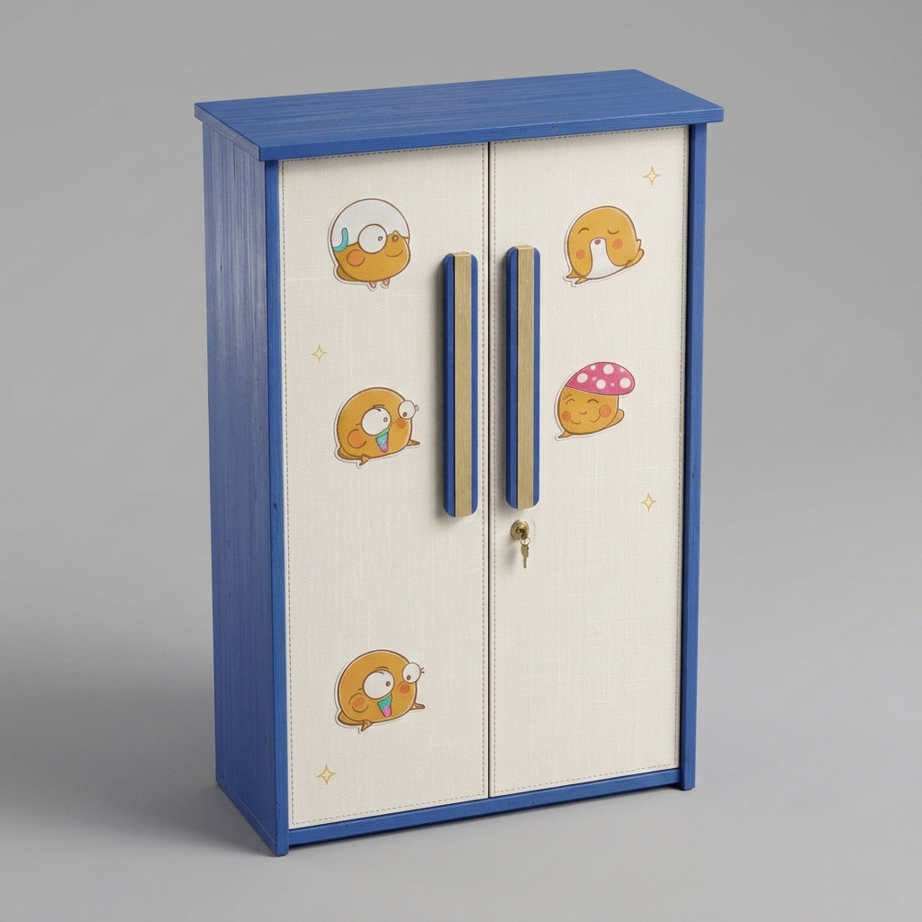 A small wooden cabinet with two doors, featuring a blue frame and doors with cream-colored panels decorated with cute cartoon bird and mushroom stickers. The cabinet has two vertical blue handles and a small brass lock on the right door, set against a neutral gray background.