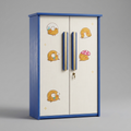 A blue wooden cabinet with two doors, featuring cream-colored textured panels decorated with cute cartoon characters and gold handles, set against a solid gray background.