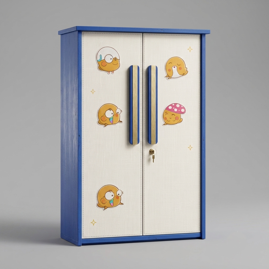 A blue wooden cabinet with two doors, featuring cream-colored textured panels decorated with cute cartoon characters and gold handles, set against a solid gray background.